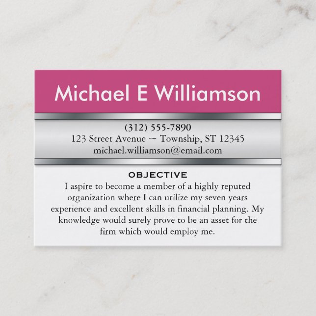 Dark Pink Header RESUME Business Cards (Front)