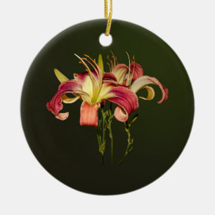 Dark Pink Lilies With Yellow Centres Ceramic Ornament