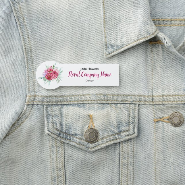 Dark Pink Peony Flowers Floral Company Customized Name Tag (In Situ)