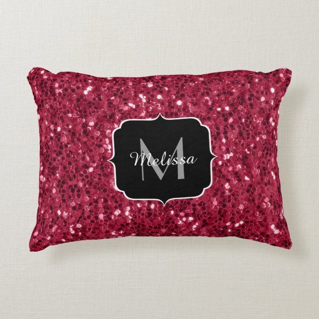 Dark pink red magenta faux sparkles Monogram Accent Pillow (Front)