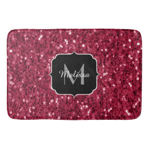 Dark pink red magenta faux sparkles Monogram Bath Mat