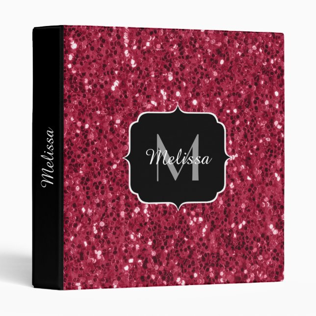 Dark pink red magenta faux sparkles Monogram Binder (Front/Spine)