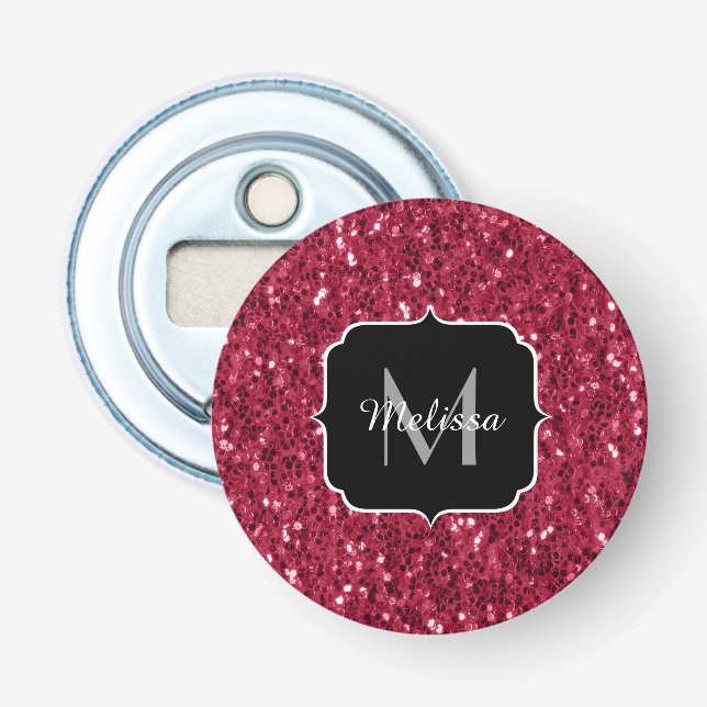 Dark pink red magenta faux sparkles Monogram Bottle Opener (Front)