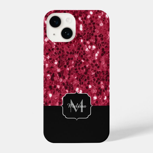 Dark pink red magenta faux sparkles Monogram iPhone Case (Back)