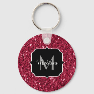 Dark pink red magenta faux sparkles Monogram Keychain
