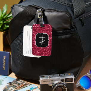 Dark pink red magenta faux sparkles Monogram Luggage Tag