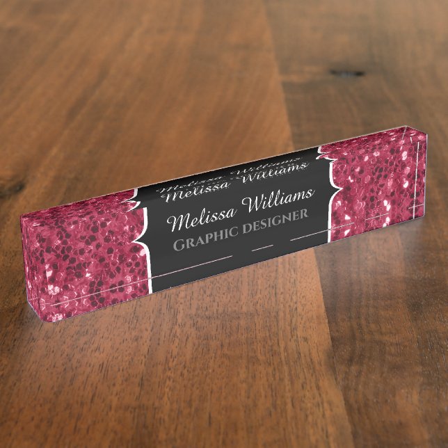 Dark pink red magenta faux sparkles Monogram Nameplate (Side)