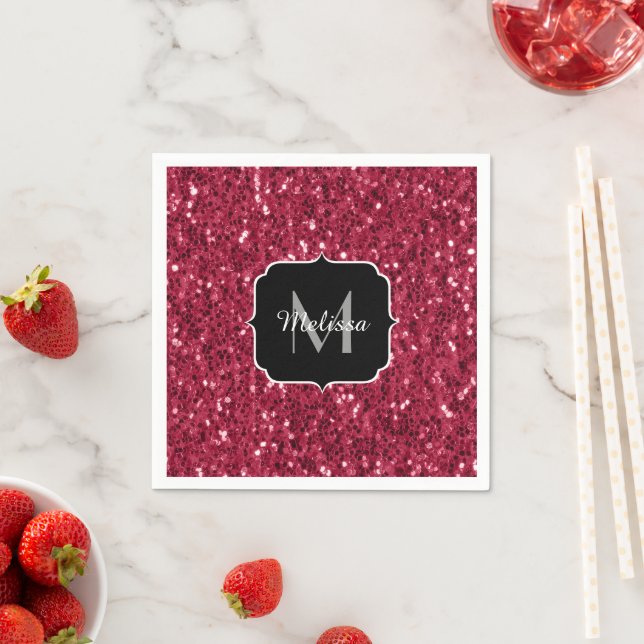 Dark pink red magenta faux sparkles Monogram Napkin (Insitu)