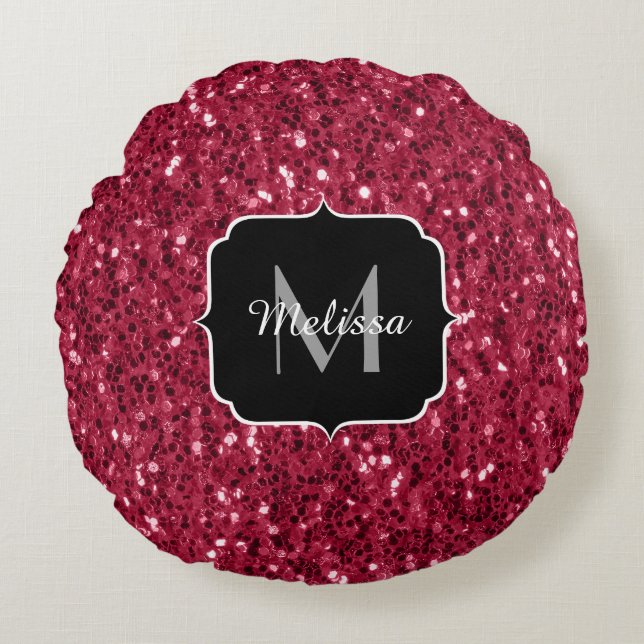 Dark pink red magenta faux sparkles Monogram Round Pillow (Front)