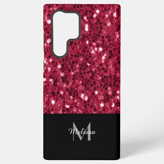 Dark pink red magenta faux sparkles Monogram Samsung Galaxy S22 Ultra Case (Back)