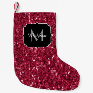 Dark pink red magenta faux sparkles Monogram Small Christmas Stocking