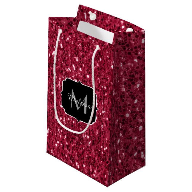 Dark pink red magenta faux sparkles Monogram Small Gift Bag (Front Angled)