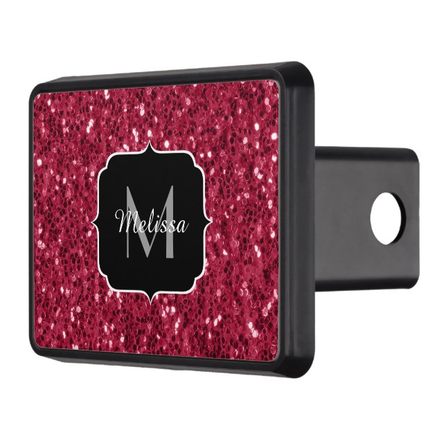 Dark pink red magenta faux sparkles Monogram Trailer Hitch Cover (Left)