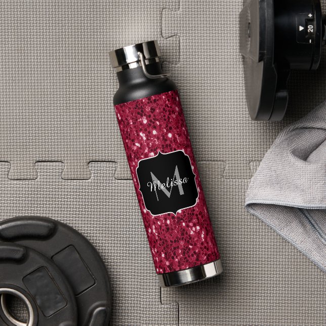 Dark pink red magenta faux sparkles Monogram Water Bottle (Gym)