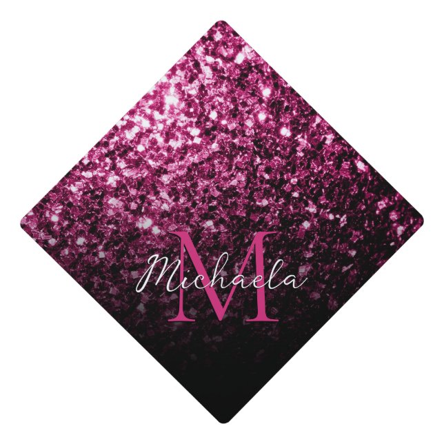 Dark pink shiny faux glitter sparkle Monogram Graduation Cap Topper (Front)