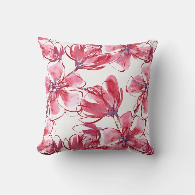 Dark Pink Watercolor Floral Throw Pillow (Front)
