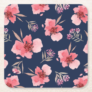 Dark Pink Watercolor Pattern Square Paper Coaster