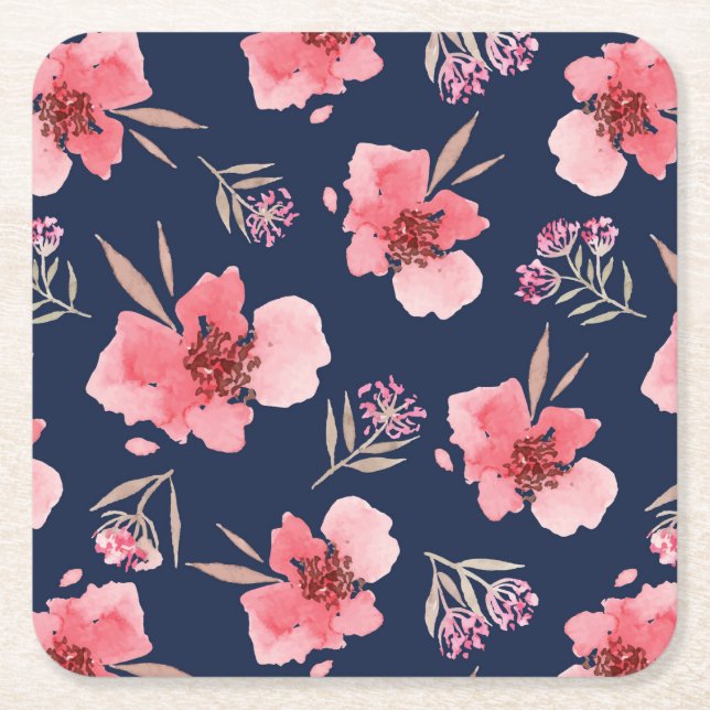 Dark Pink Watercolor Pattern Square Paper Coaster (Front)