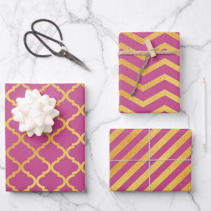 Dark Pink With Gold Colour Patterns Wrapping Paper Sheet