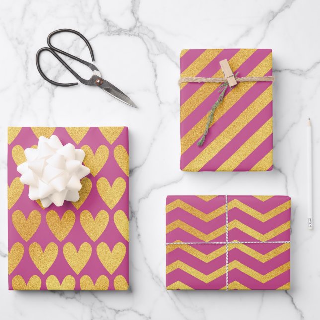 Dark Pink With Gold Colour Patterns Wrapping Paper Sheet (Front)
