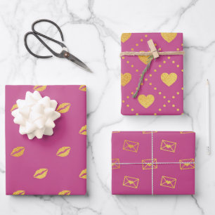Dark Pink With Gold Colour Patterns Wrapping Paper Sheet