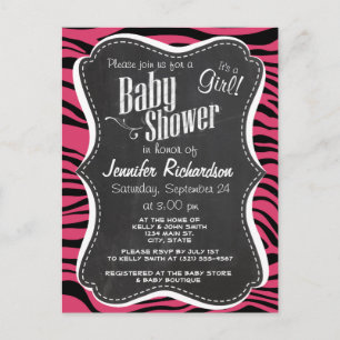 Dark Pink Zebra Stripes; Chalkboard look Invitation Postcard