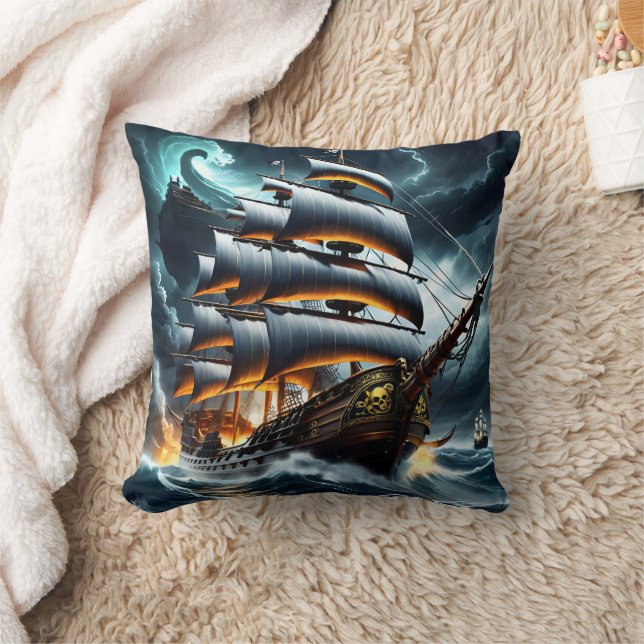 Dark Pirate Ship Sail Through Stormy Seas at Night Throw Pillow (Blanket)