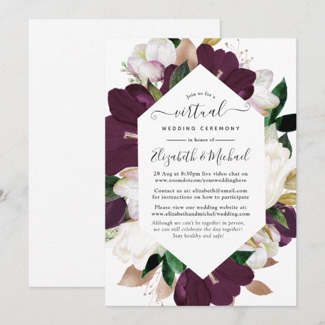 Dark Plum and White Spring Floral Virtual Wedding Invitation (Front/Back)
