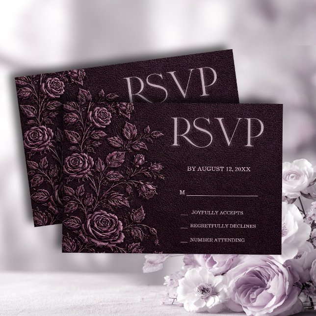 Dark Plum Faux Emboss Rose Wedding RSVP Card (Creator Uploaded)