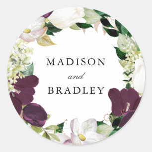 Dark Plum Floral   Personalized Wedding Classic Round Sticker
