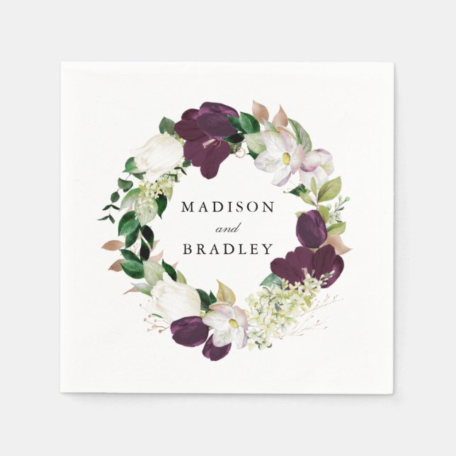 Dark Plum Floral | Personalized Wedding Napkin (Front)