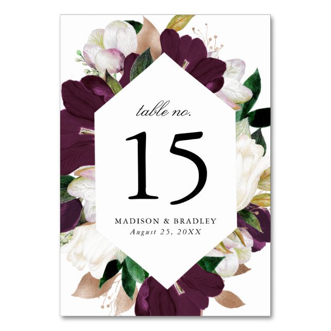 Dark Plum Floral | Personalized Wedding Table Number (Front)