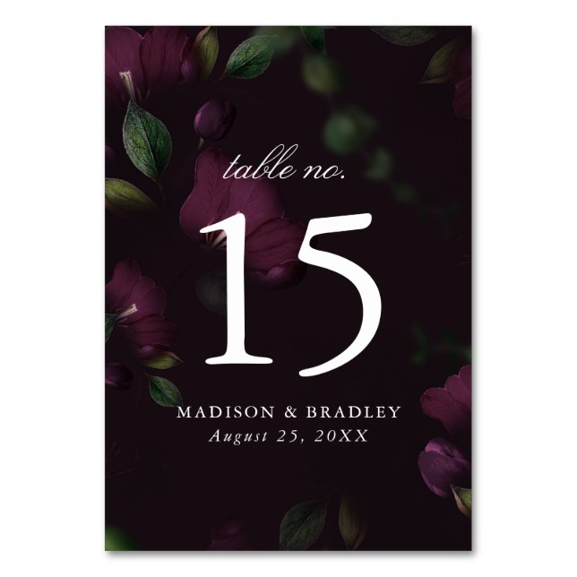 Dark Plum Floral | Personalized Wedding Table Number (Front)