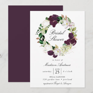 Dark Plum Floral Wreath   Bridal Shower Invitation