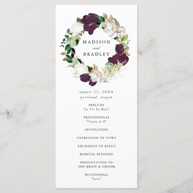 Dark Plum Floral Wreath | Wedding Ceremony Program (Front)