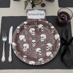 Dark Plum Gothic Skulls and Roses Halloween Paper Plate