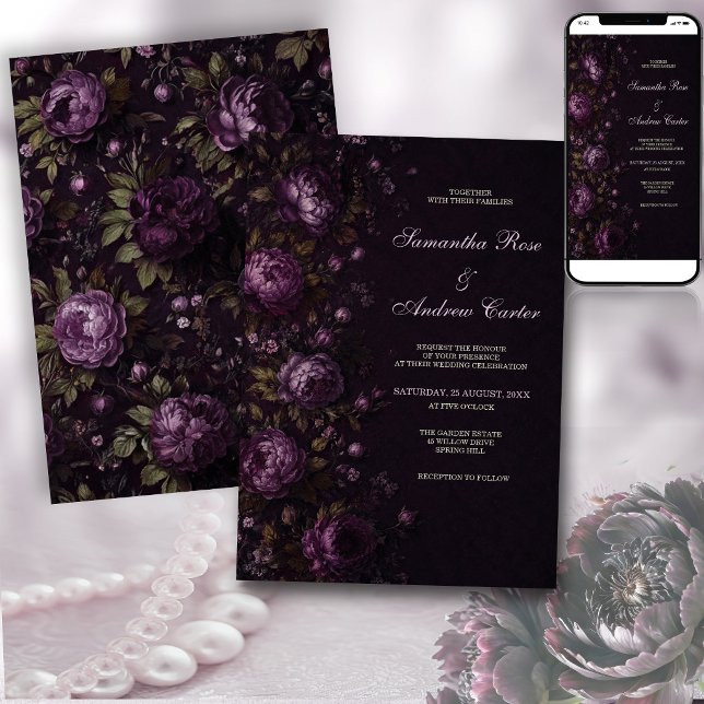 Dark Plum Olive Floral Monogram Wedding Invitation (Creator Uploaded)