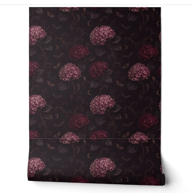 Dark Plum Pink Hydrangea Victorian Gothic Wallpaper (Unrolling)