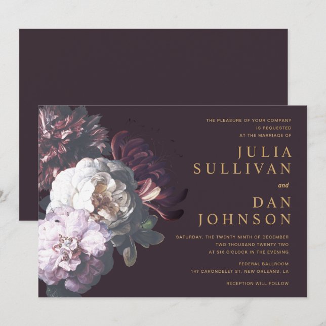 Dark Plum Purple Moody Floral Wedding Invitation (Front/Back)
