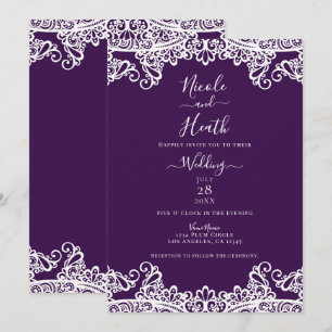 Dark Plum Purple & White Lace Elegant Wedding   Invitation