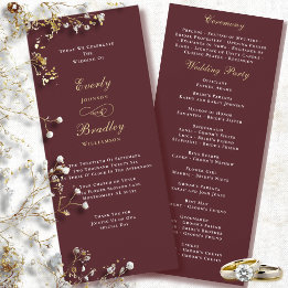 Dark Plum Red Burgundy Gold White Wedding Program