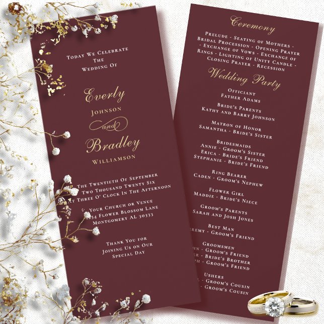 Dark Plum Red Burgundy Gold White Wedding Program (Creator Uploaded)