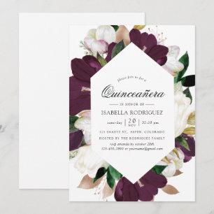 Dark Plum Velvet and White Floral Quinceañera Invitation
