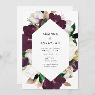 Dark Plum Velvet and White Spring Floral Wedding Invitation