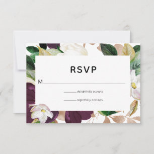 Dark Plum Velvet and White Spring Floral Wedding RSVP Card