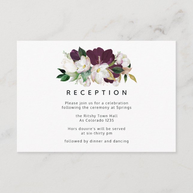 Dark Plum Velvet and White Wedding Reception Enclosure Card (Front)