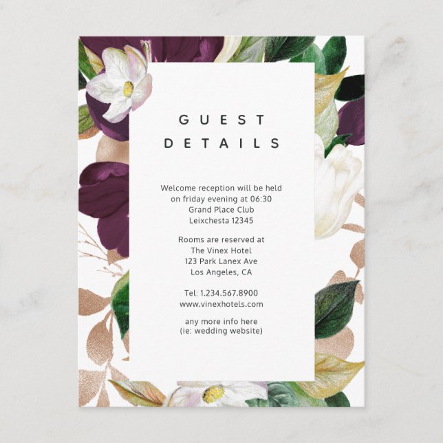 Dark Plum Velvet Floral Wedding Guest Details Enclosure Card (Front)