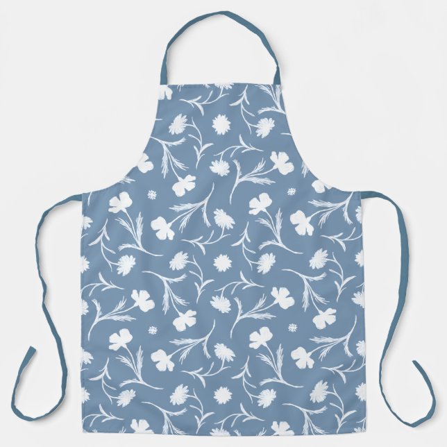 Dark Powder Blue Floral Pattern Elegant White Chic Apron (Front)