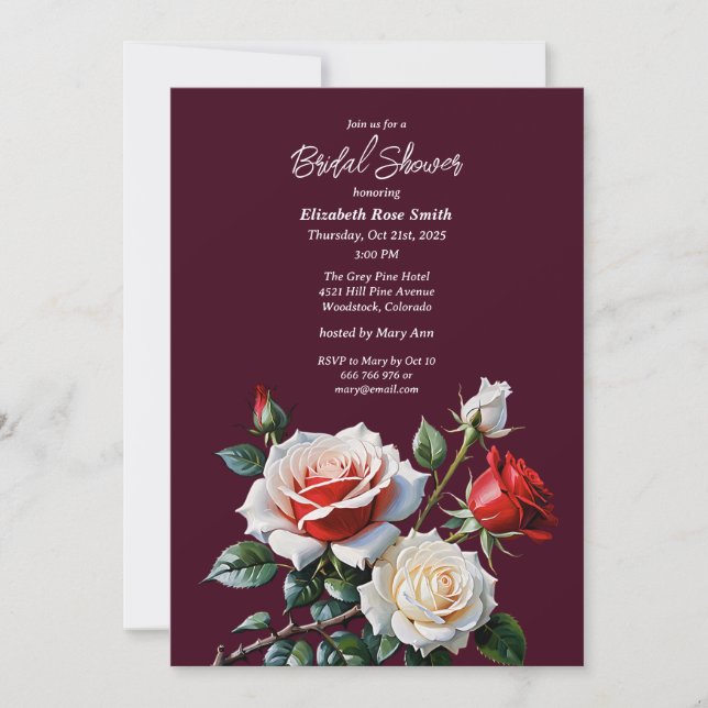 Dark Pretty pink white red roses bridal shower Invitation (Front)