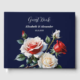Dark Pretty pink white red roses floral wedding Guest Book